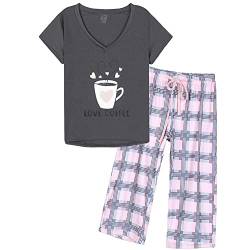 MyFav Pyjama mit kurzen Ärmeln für Damen, bedruckt, Wein, Komfort, Pyjama, 2-teilig, Hose, mittellang, Nachtwäsche, Graue Tasse, 42 von MyFav