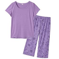 MyFav Schlafanzug Damen Zweiteiliger Pyjama Set Sommer Hausanzug Kurzarm Top mit 3/4 Lang Schlafhose Blumendruck Nachtwäsche,Violett Geblümt,3XL von MyFav