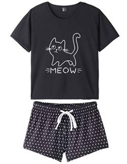 MyFav Sommer-Schlafanzug für Damen, 2-teilig, süße Katze, Schlafanzug, Schwarz von MyFav