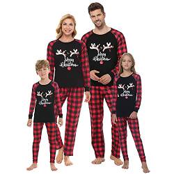 MyFav Weihnachten Familie Pyjama Set Lange Ärmel Shirt + Plaid Lange Hosen Nachtwäsche für Vater,Mutter,Kinder(Leuchtender Hirsch,Damen,M) von MyFav