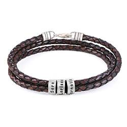 MyNameNecklace MYKA Herren Armband Geflochten Schwarz Braun mit kleinen Gravur Perlen Leder in Sterling Silber 925 / Vergoldet - Herren Geschenk Echtleder (Braunes Leder und Silber) von MyNameNecklace