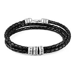 MyNameNecklace MYKA Herren Armband Geflochten Schwarz Braun mit kleinen Gravur Perlen Leder in Sterling Silber 925 - Herren Geschenk Echtleder (925er Sterling Silber) von MyNameNecklace