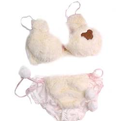 Myazs Damen 2-teiliges BH-Panty-Set, niedlicher Bär, flauschige Plüschschleife, Unterwäsche, Dessous, Anime-Dessous, Kostüme für Frauen von Myazs
