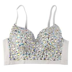 Myazs Damen Sexy AB Farbig für Strass Bustier Crop Top Spaghetti Strap Push Up Bralette Glitzer Club Party Korsett BH Ves Strass Bustier Crop Top von Myazs