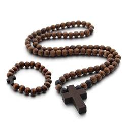 Myazs Halskette mit Holzperlen, religiös, katholisches Kruzifix, Geschenk zur Erstkommunion, inspirierend für Kreuz für Pra Pulloverkette für Frauen, Einheitsgröße, Holz, Holz von Myazs