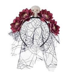 Myazs Zartes Blumen- und Totenkopf-Haarband, dünnes Seitenhaarband, Blumenstirnband für Mädchen, Halloween-Haarband mit Schleier-Dekor, Halloween-Schädel-Stirnband, Halloween-Haarbänder von Myazs