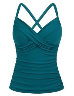 Mycoco Damen Bügel-Tankini-Top gekreuzt vorne V-Ausschnitt Push Up Badeoberteil geraffte Bauchkontrolle Badeanzug Tops, emailliert blau, 18 von Mycoco