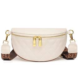 Myhozee Bauchtasche Damen Echt Leder,Crossbody Bag Damen Tasche mit Breitem Schultergurt,Kleine Gesteppte Gürteltasch für Festival Reise Weiß von Myhozee