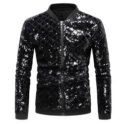 Mymyguoe Herren Hipster Metallic Pailletten Reißverschluss Langarm Bomberjacke 70er Disco Party Kostüm Hipster Langarm Bomberjacke Mit durchgehendem Reißverschluss von Mymyguoe