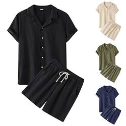 Mymyguoe Zweiteiler Herren Leinenanzug Sommer Freizeitanzug Einfarbig 2-teilig Kurzarm Button-Up Revers Hemd und Shorts Beach Shirt Kurze Hose Set Leinen Outfit von Mymyguoe