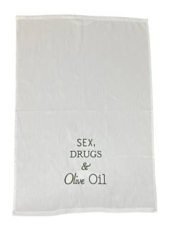 Geschirrtuch weiß "Sex,Drugs & olive Oil" von Mynapkin