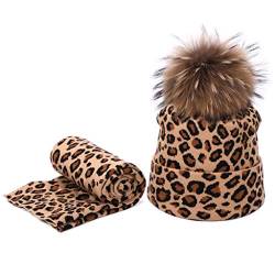 Myya 2 Stück Winter Damen Pompon Beanie Mütze Schal Set Leopard Punkte Sexy Outdoor Warm Kunstfell Pom Pom Hecken Kappen von Myya