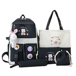 Myyunhx Rucksack für Mädchen Set von 5 Leinwand Schulmädchen Rucksack Kawaii versammelte Rucksack mit Plüsch Kaninchenanhänger und Cartoon Aufkleber Kinder Plüsch Rucksack für Teen Mädchen (Schwarz) von Myyunhx