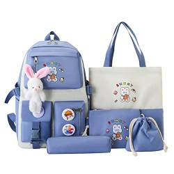 Myyunhx Rucksack für Mädchen Set von 5 Leinwand Schulmädchen Rucksack Kawaii versammelte Rucksack mit Plüsch Kaninchenanhänger und Cartoon Aufkleber Kinder Plüsch Rucksack für Teen Mädchen (Blau) von Myyunhx