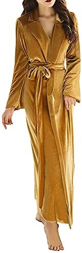 Damen Lang Samt Bademantel V-Ausschnitt Bund Plüsch Robe, gold, 38 von N/ C