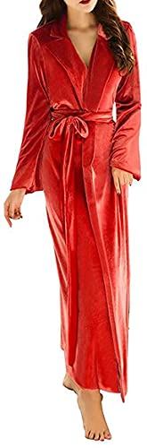 Damen Lang Samt Bademantel V-Ausschnitt Bund Plüsch Robe, rot, 42 von N/ C