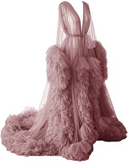 Damen Tüll Robe Shooting Wearing a robe of see-through tulle long puffy maternity photo shooting, Dusty Rose, 36 von N/ C