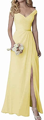 N/ C Brautjungfernkleid A-Linie Doppelter V-Ausschnitt Ruched Chiffon Formell Abend Party Kleid für Junioren Frauen, gelb, 38 von N/ C