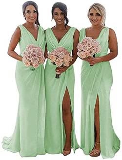 N/ C Brautjungfernkleid mit doppeltem V-Ausschnitt, lang, Brautjungfernkleid, Chiffon, für Hochzeit, Abendkleider für Frauen, mintgrün, 44 von N/ C