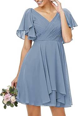 N/ C Damen Doppelter V-Ausschnitt Kurz Rüschen Brautjungfernkleid mit Tasche Formal Abendkleid, dusty blue, 44 von N/ C