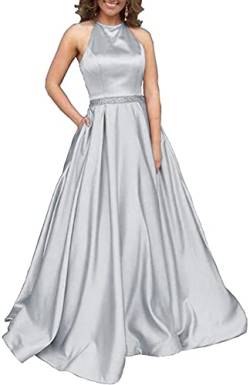 N/ C Damen Neckholder Hochzeit Party Kleider A-Linie Perlen Satin Abendkleid Lange Formelle Ballkleid mit Taschen, silber, 48 von N/ C