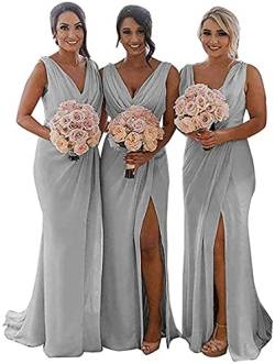 N/ C Doppelter V-Ausschnitt Brautjungfernkleider Lange Trauzeugin Kleid Chiffon Hochzeit Abendkleider für Frauen, Silbergrau, 36 von N/ C