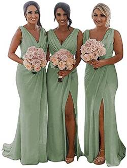 N/ C Doppelter V-Ausschnitt Brautjungfernkleider Langes Trauzeugin Kleid Chiffon Hochzeit Abendkleider für Frauen, salbeigrün, 42 von N/ C