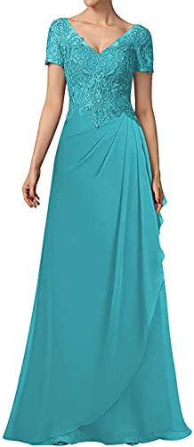 N/ C Kleid für die Brautmutter und Bräutigam, V-Ausschnitt, Spitzenapplikation, kurzärmelig, lang, formelles Abendkleid für Damen, jade, 44 von N/ C