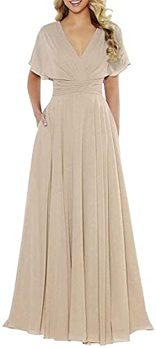 N/ C Kleider Rüschen Doppel V-Ausschnitt Brautjungfer Kleider Lange A-Linie Chiffon Brautjungfer Ehrenkleid für Frauen, champagnerfarben, 42 von N/ C