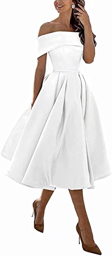 N/ C SAYNO Damen Partykleider Kurz Schulterfrei Knielang Brautjungfer Abendkleid, weiß, 44 von N/ C