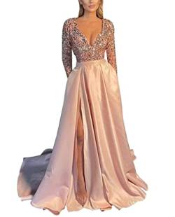 N/ C SAYNO Damen V-Ausschnitt Langarm Ballkleider mit Schlitz Pailletten Satin formelle Abendkleider, blush, 42 von N/ C