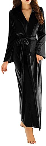 SAYNO Damen Lang Samt Bademantel V-Ausschnitt Bund Plüsch Robe, Schwarz , 46 von N/ C