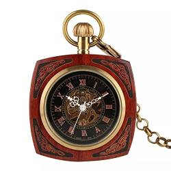 N/Ａ Herren- und Damenaccessoires Rote Holzschnitzerei Retro Männer Frauen Mechanische Taschenuhr Handaufzug Kette Halskette mit Goldkette Hochzeitstag Vatertag Weihnachten Geburtstagsgeschenk von N/Ａ