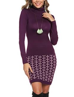 NC Damen Strickkleid Trendy Mini-Kleid Pullikleid Freizeit Kleider mit Rollkragen und Gemustertem Rockteil für Herbst und Winter, Violett Gemustertem, XXL von N\C