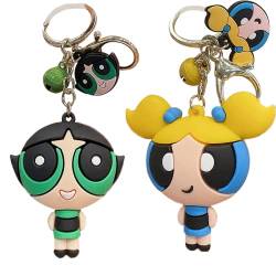 NC ZHUYAO 2 Stück Powerpuff Girls Schlüsselanhänger Silikon Schlüsselbund Süßer Schlüsselanhänger mit Glocken Schlüsselanhänger für Erwachsene und Kinder sind für Rucksäcke Schlüssel geeignet von N\C