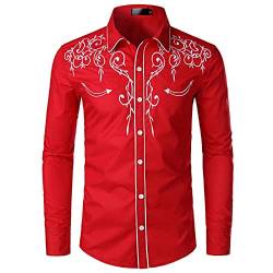 NW Stilvolles Western-Cowboy-Shirt für Herren, bestickt, schmale Passform, lässig, langärmelig, für Hochzeit, Party, rot, XL von N\W