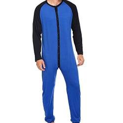 N /C Herren Einteiler Pyjama Langarm Button Down Open Front Jumpsuit Nachtwäsche Color Block Bodysuit Pjs Outfits (Blau, L) von N /C