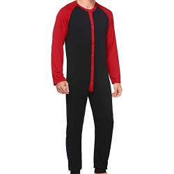 N /C Herren Einteiler Pyjama Langarm Button Down Open Front Jumpsuit Nachtwäsche Color Block Bodysuit Pjs Outfits (Schwarz, S) von N /C