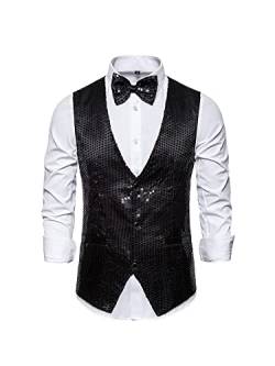 MIUCCHY Herren Full Pailletten Weste 3 Button Down Pailletten Anzug Weste Glänzend V Ausschnitt Weste mit Fliege, Schwarz , XL von N /D