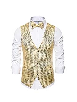 MIUCCHY Herren Full Pailletten Weste 3 Button Down Pailletten Anzug Weste Glänzend V Ausschnitt Weste mit Fliege, gold, M von N /D