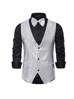 MIUCCHY Herren Full Pailletten Weste 3 Button Down Pailletten Anzug Weste Glänzend V Ausschnitt Weste mit Fliege, silber, M von N /D