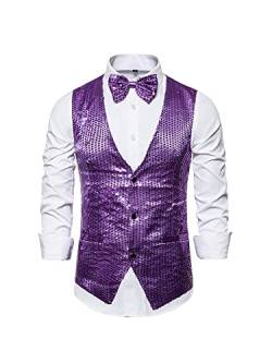 MIUCCHY Herren Full Pailletten Weste 3 Button Down Pailletten Anzug Weste Glänzend V Ausschnitt Weste mit Fliege, violett, L von N /D