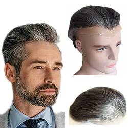 Echthaar Toupet für Männer, 0.04mm V-Loop PU transparentes dünnes Hauttoupet für Männer N.L.W. Europäische Echthaarteile für Männer Haarersatz Perücken 10 x 8" schwarz und grau von N.L.W.