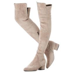 N.N.G Frauen über die Knie Stiefel Block Winter Oberschenkel Hohe Wildleder Niedrig Über Flache Lange OTK Beste Herbst Komfort Spitz Zehe, Beige Ihch Heel, 38.5 EU von N.N.G