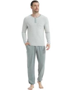 NACHILA Herren-Pyjama-Set, langärmelig, Henly, Nachtwäsche, Oberteil, weiche Joggerhose, cooles Pyjama-Set, Viskose aus Bambus, Grau / Weiß gestreift / Heather Grey, Large von NACHILA