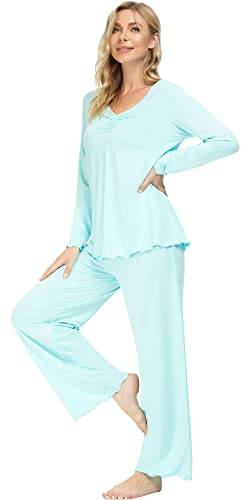 NACHILA Pyjama-Set für Damen, Viskose aus Bambus, langärmelig, weich, Nachtwäsche, bequeme Loungewear-Sets mit Hose, D-Aqua Green, M von NACHILA