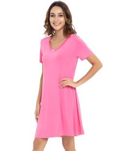 NACHILA Weiche Bambus Nachthemden für Frauen Schlaf Shirts Leichte Kurzarm Lounge Kleid Plus Size Nachtwäsche S-4X, A-Himbeerrosa, X-Large von NACHILA