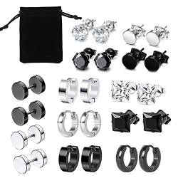 NACAIKJ 12 paar Edelstahl Ohrringe für Herren Damen Ohrringe Set Schwarz + Silber Ohrstecker Edelstahl Fake Plugs Creolen Zirkonia Ohrstecker Set Ohrschmuck Piercing Unisex von NACTECH