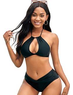 NAFLEAP Brasilianischer Damen-Badeanzug, 2-teilig, hoher Halsausschnitt, Bikini-Oberteil, Bauchkontrolle, Schlüsselloch-Badeanzug - Schwarz - Medium von NAFLEAP