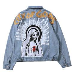 NAGRI Herren Olity of Gods Denim Jacken Virgin Mary Jean Coat Klassische und stilvolle Button-Down Trucker Jacke - Blau - Mittel von NAGRI